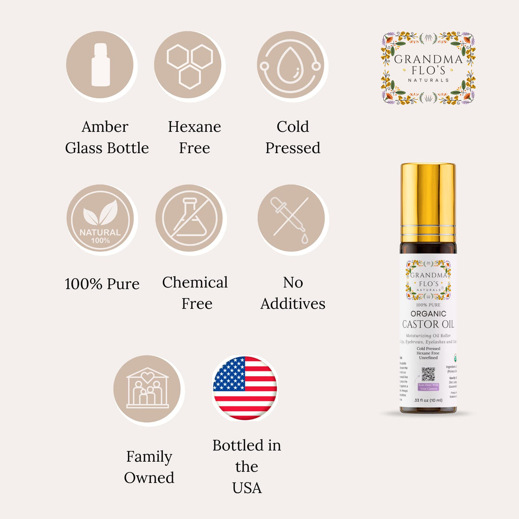Grandma Flo's Naturals Pure Organic Castor Oil Roll-On – Lips, Brows, Lashes (10ml) Hexane Free
