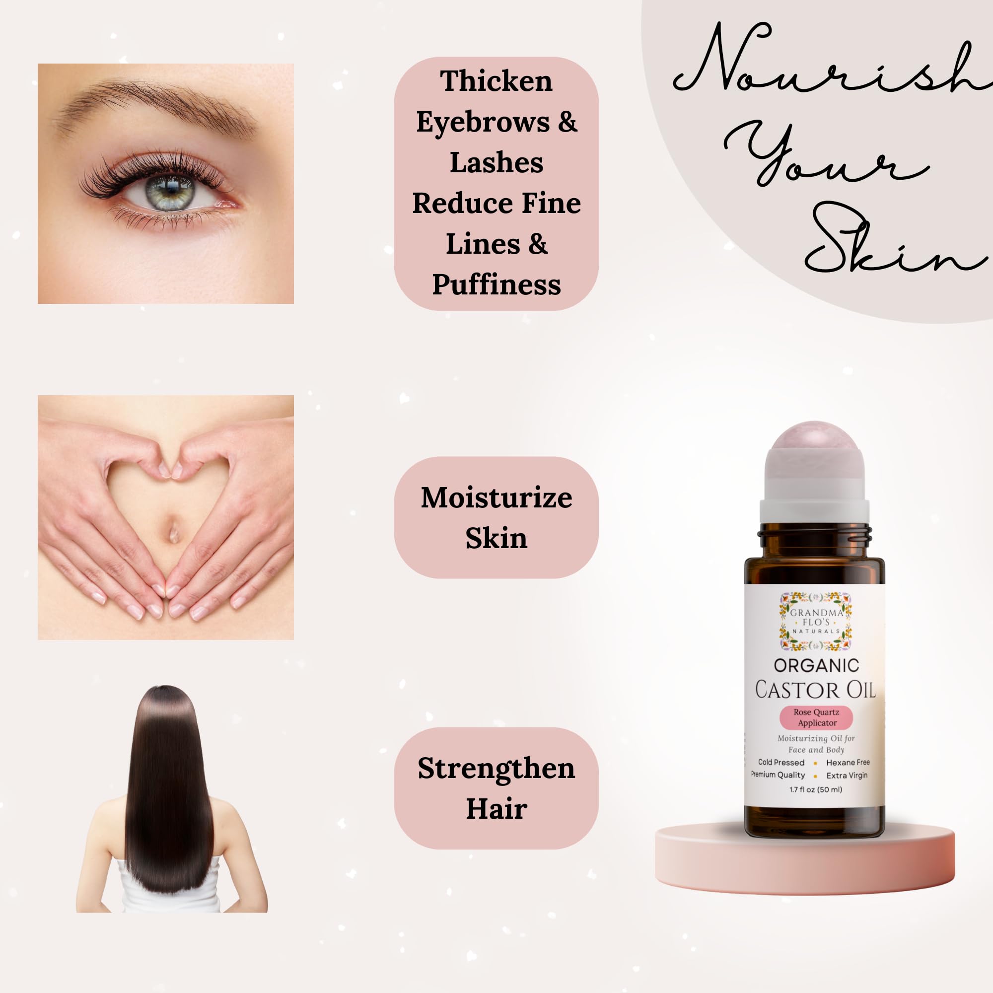 Grandma Flo's Naturals Organic Castor Oil with Rose Quartz Roller – 50ml