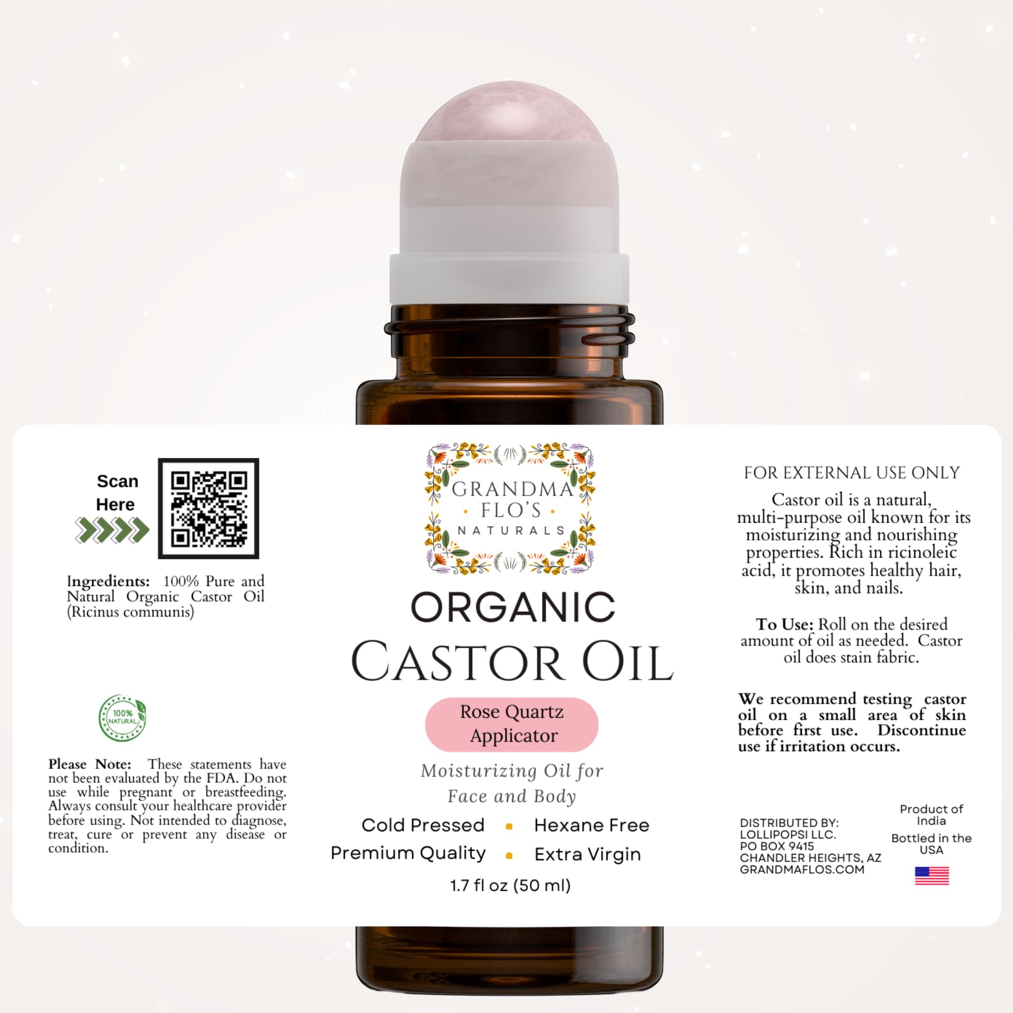 Grandma Flo's Naturals Organic Castor Oil with Rose Quartz Roller – 50ml