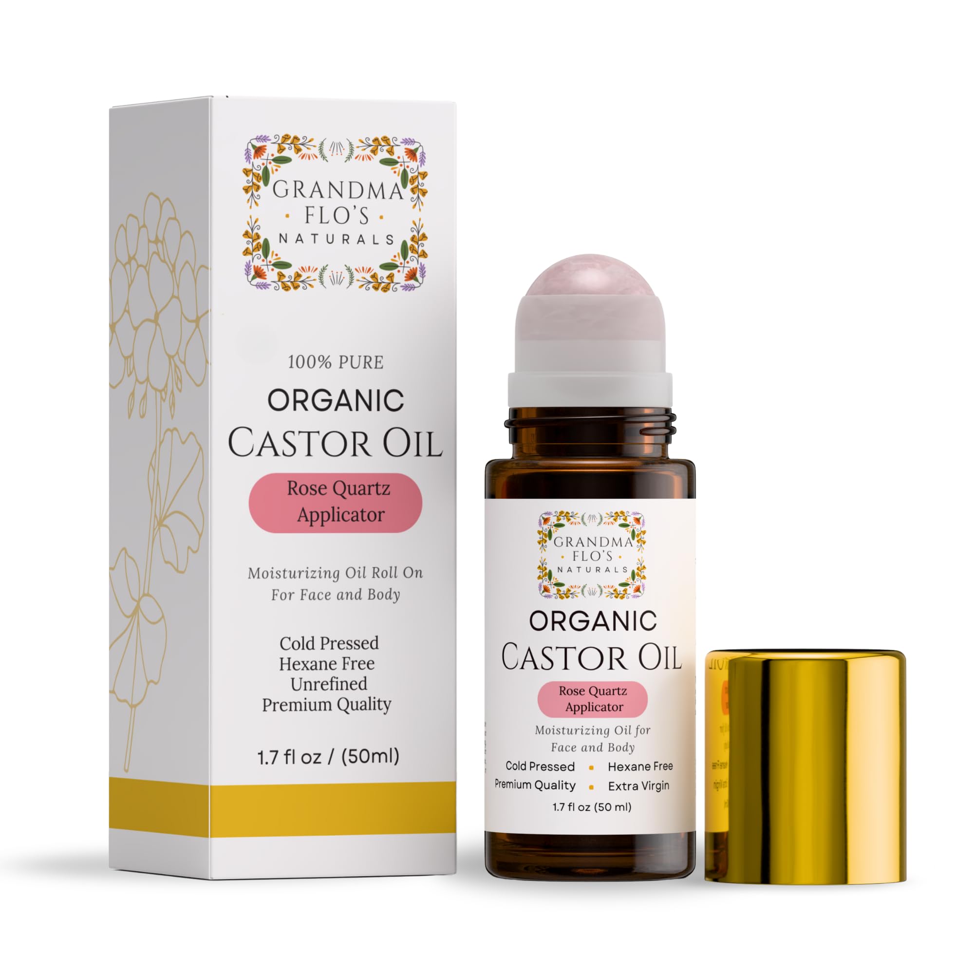 Grandma Flo's Naturals Organic Castor Oil with Rose Quartz Roller – 50ml