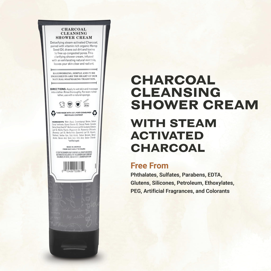 The Grandpa Soap Company Charcoal Shower Cream - Clarifies Pores with Activated Charcoal & Hemp Seed Oil | 9.5 Fl Oz, 2-Pack