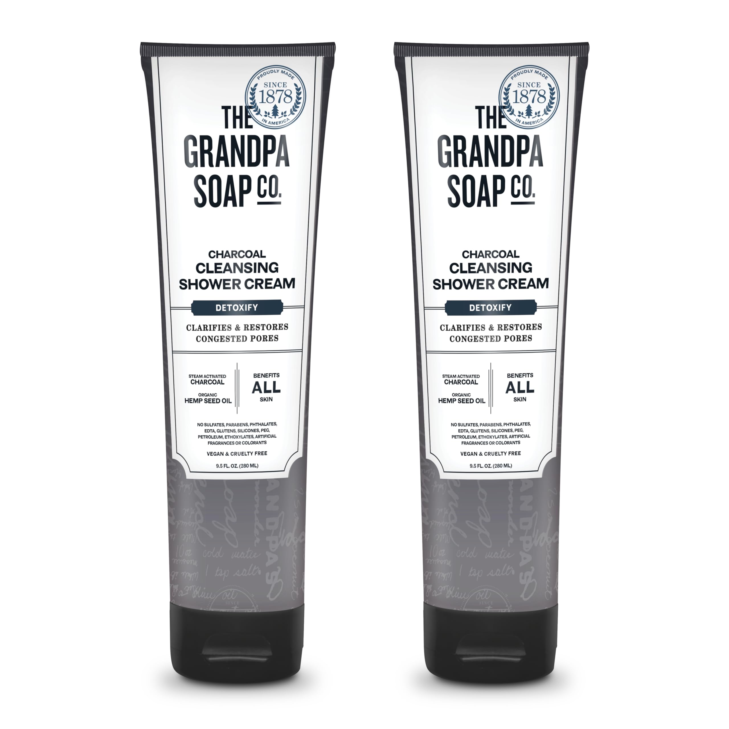 The Grandpa Soap Company Charcoal Shower Cream - Clarifies Pores with Activated Charcoal & Hemp Seed Oil | 9.5 Fl Oz, 2-Pack