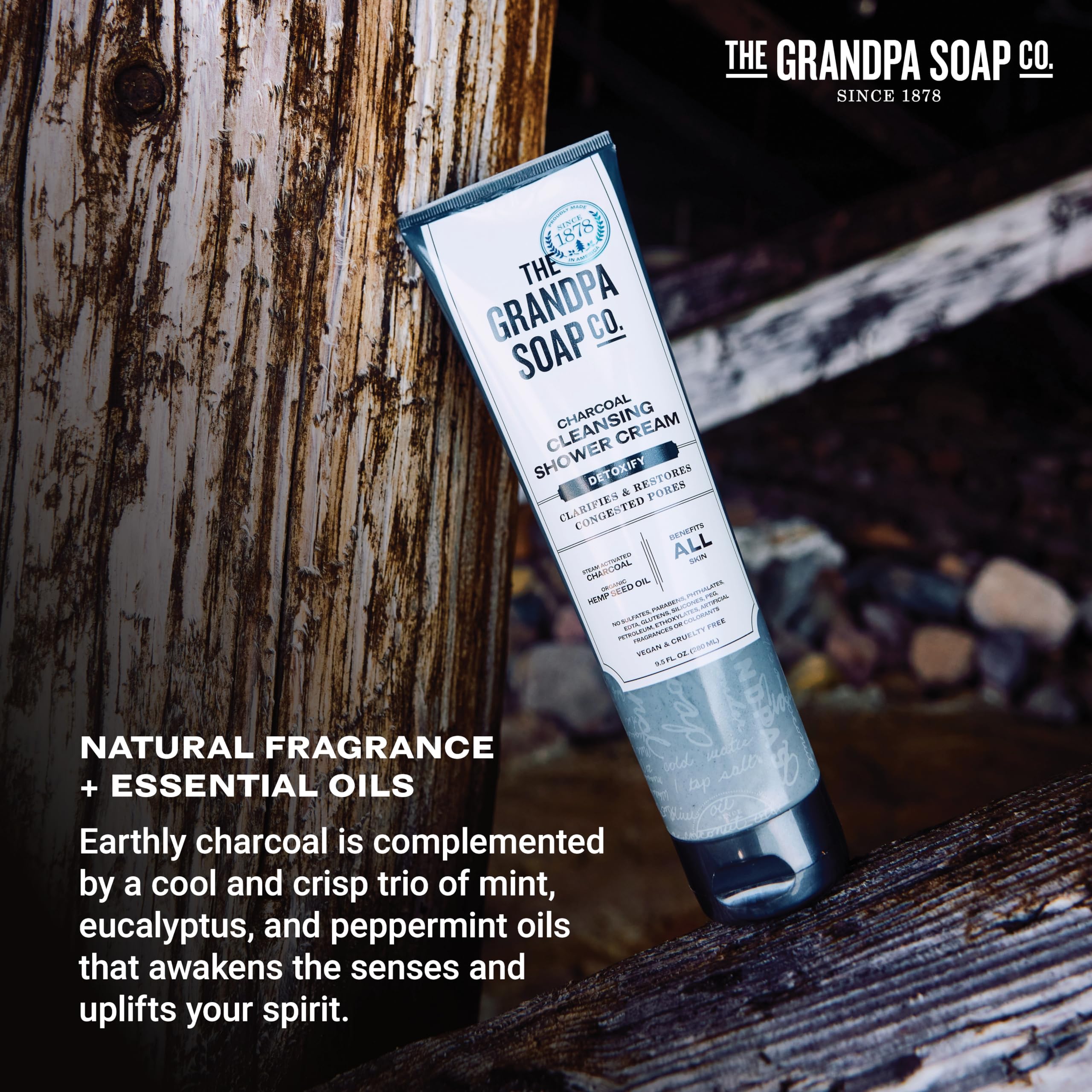 The Grandpa Soap Company Charcoal Shower Cream - Clarifies Pores with Activated Charcoal & Hemp Seed Oil | 9.5 Fl Oz, 2-Pack