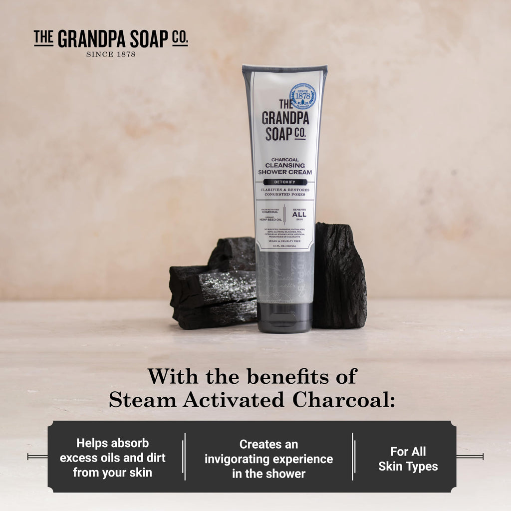 The Grandpa Soap Company Charcoal Shower Cream - Clarifies Pores with Activated Charcoal & Hemp Seed Oil | 9.5 Fl Oz, 2-Pack