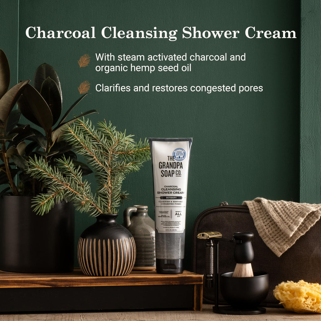 The Grandpa Soap Company Charcoal Shower Cream - Clarifies Pores with Activated Charcoal & Hemp Seed Oil | 9.5 Fl Oz, 2-Pack