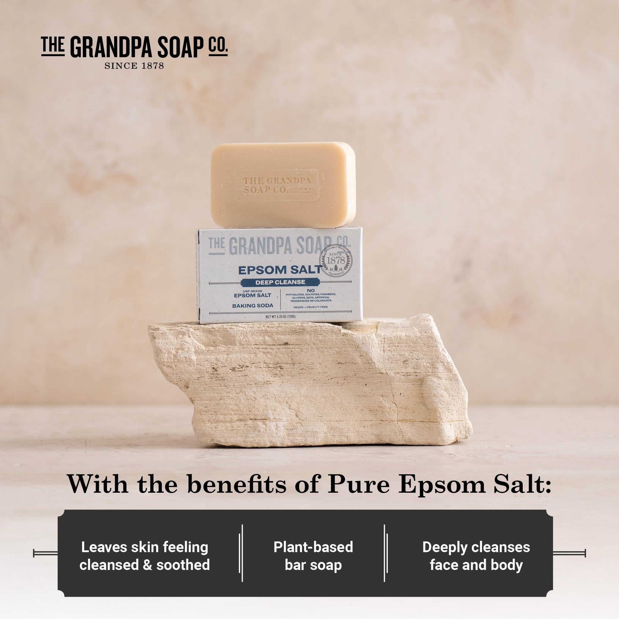 The Grandpa Soap Company Epsom Salt Bar Soap – Deep Cleansing, Vegan, 3 Pack (4.25 oz each)