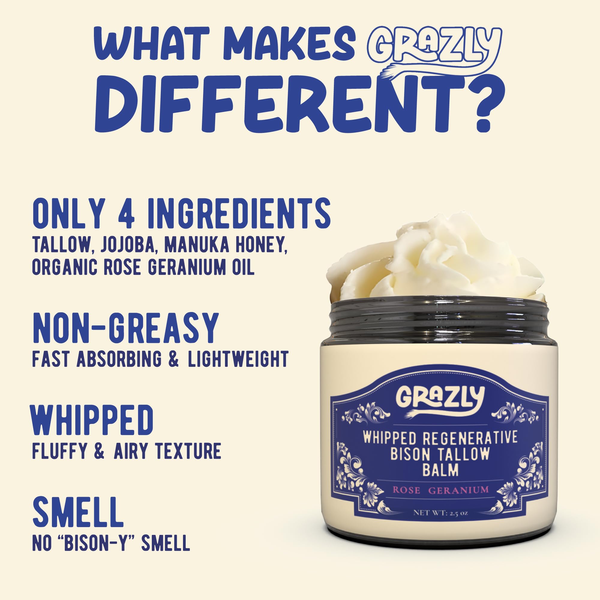 Grazly Whipped Bison Tallow Balm with Manuka Honey – Rose Geranium, Grass-Fed Moisturizer