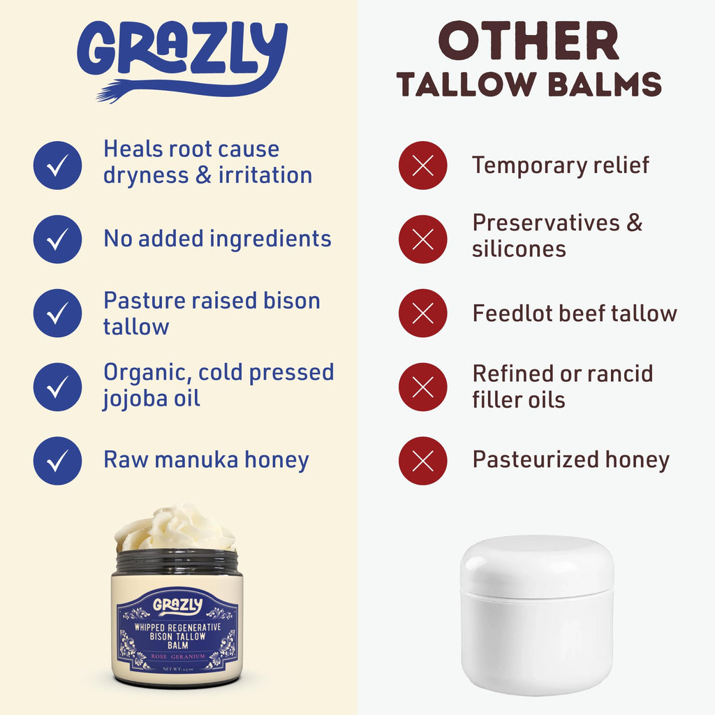 Grazly Whipped Bison Tallow Balm with Manuka Honey – Rose Geranium, Grass-Fed Moisturizer