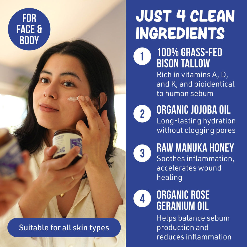 Grazly Whipped Bison Tallow Balm with Manuka Honey – Rose Geranium, Grass-Fed Moisturizer