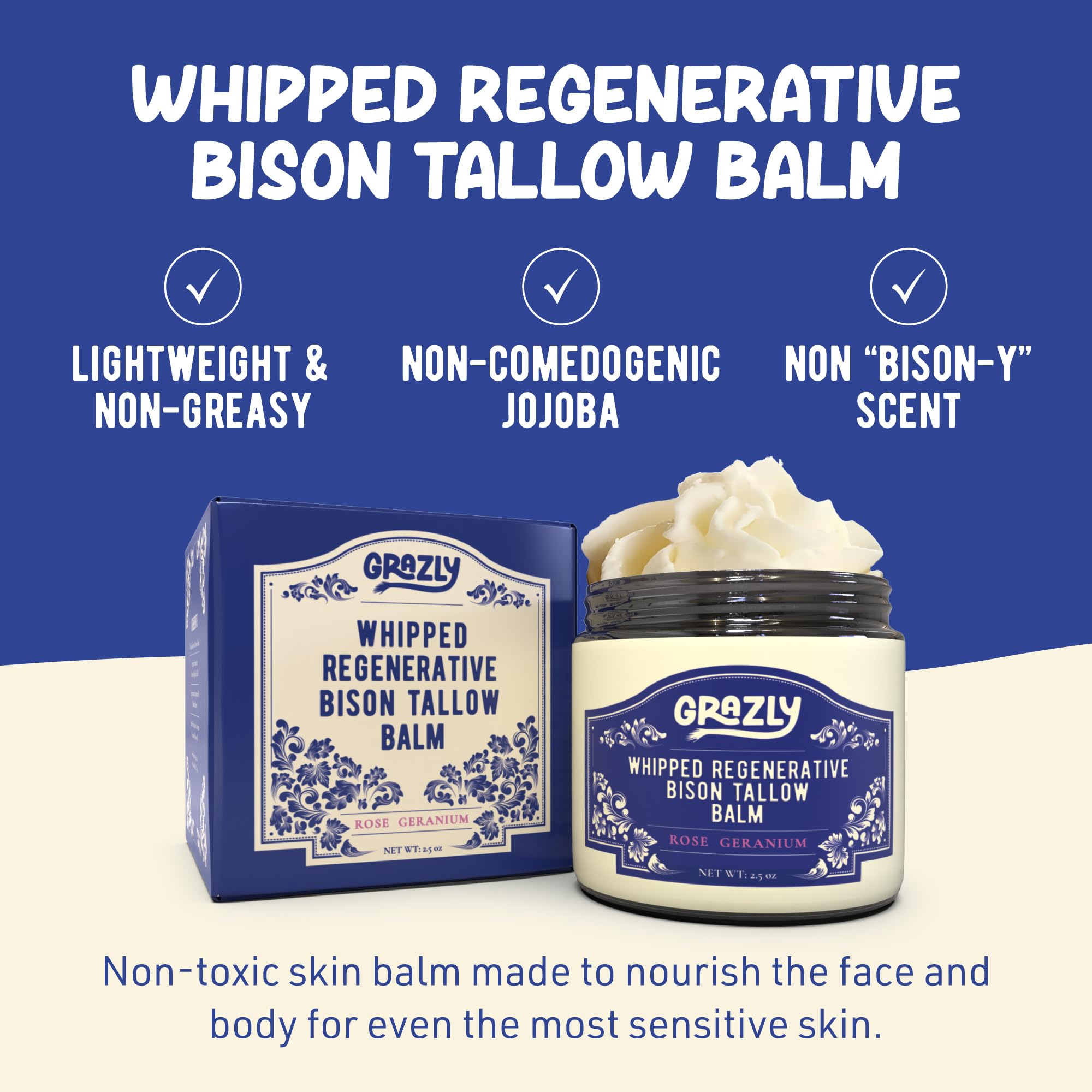 Grazly Whipped Bison Tallow Balm with Manuka Honey – Rose Geranium, Grass-Fed Moisturizer