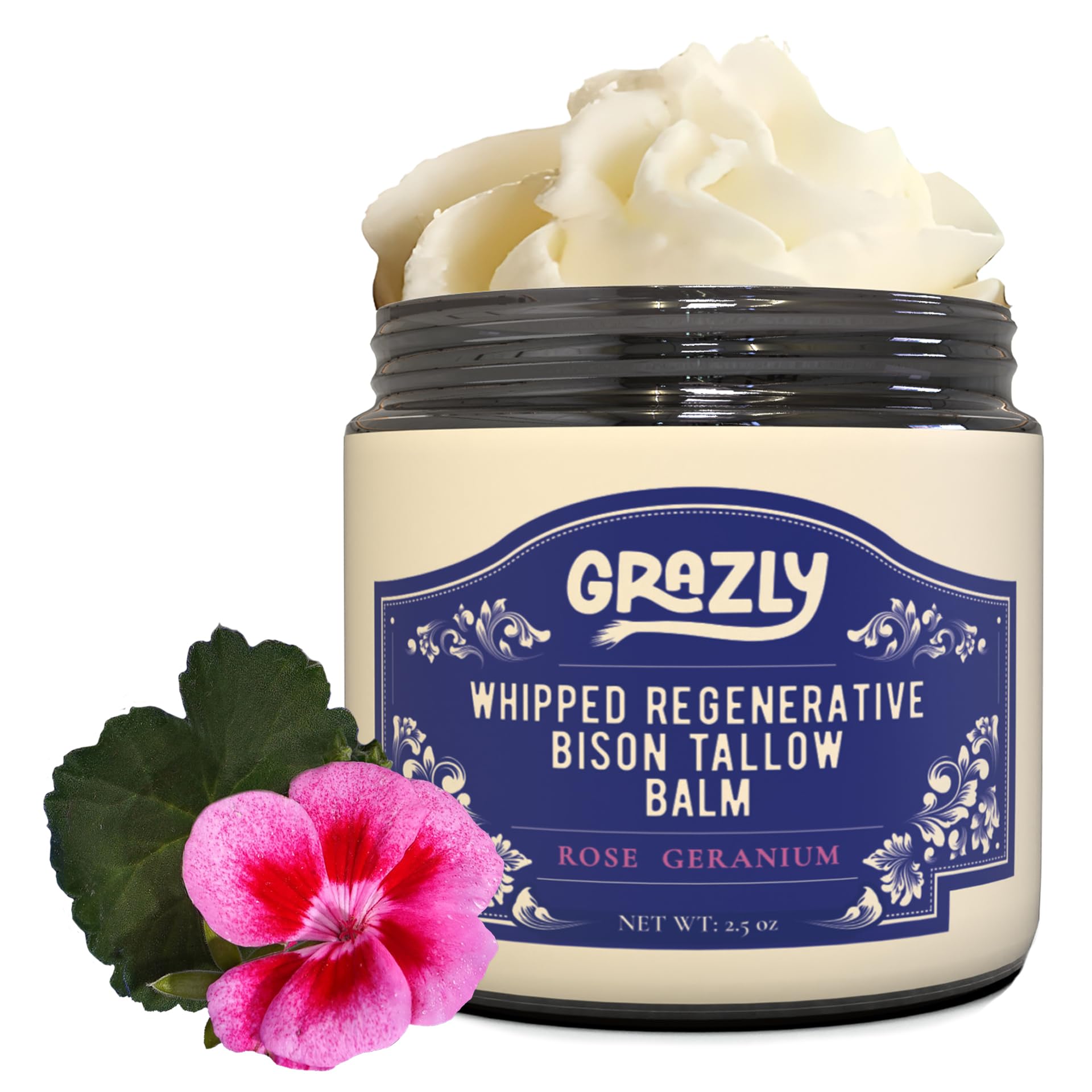 Grazly Whipped Bison Tallow Balm with Manuka Honey – Rose Geranium, Grass-Fed Moisturizer