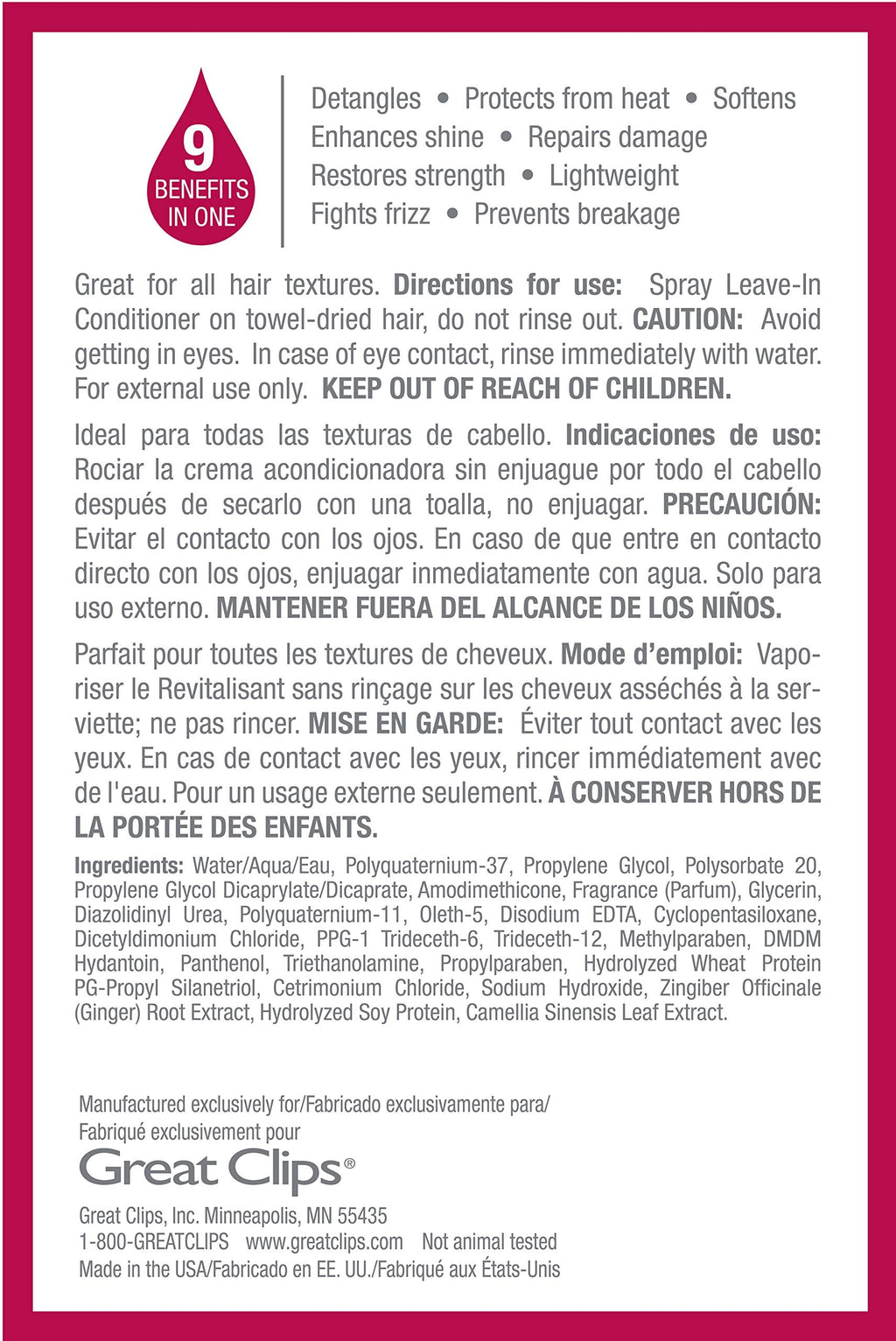 GREAT CLIPS Solutions Nourishing Leave-In Conditioner | 8oz Spray | Detangles & Hydrates Hair