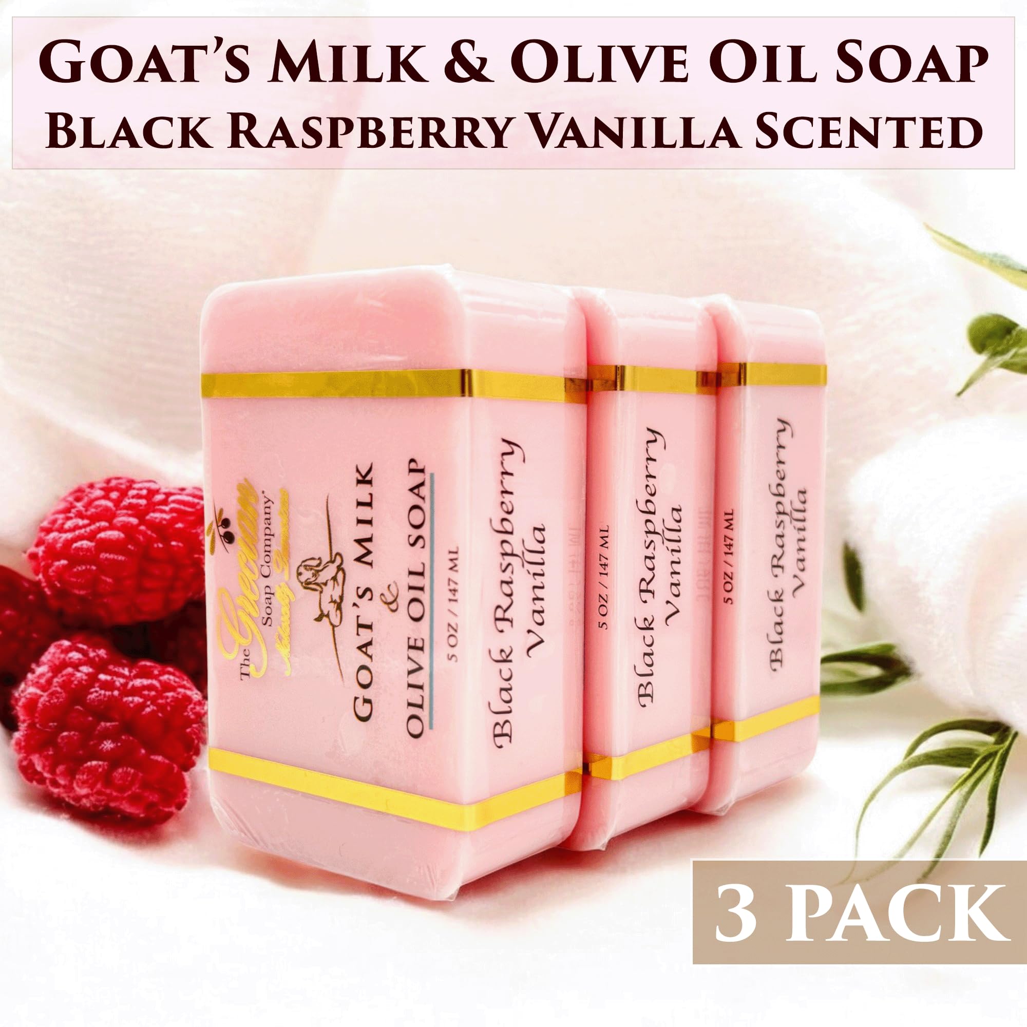 Grecian Goat Milk & Olive Oil Soap Bar 3-Pack – Black Raspberry Vanilla, Made in USA