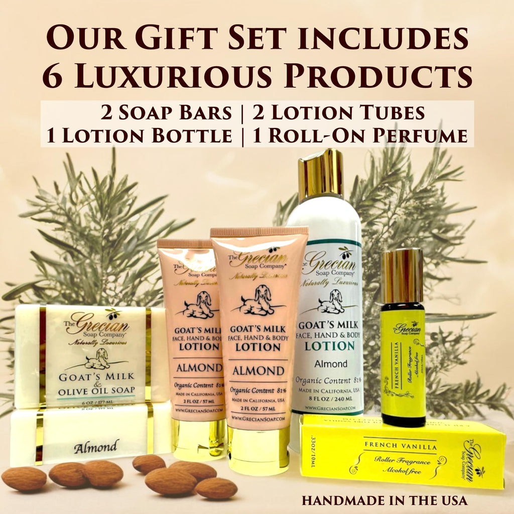 The Grecian Soap Company Deluxe Gift Basket – Goat Milk & Olive Oil Skin Care Set (6pcs) | Almond Scent, Handmade in USA