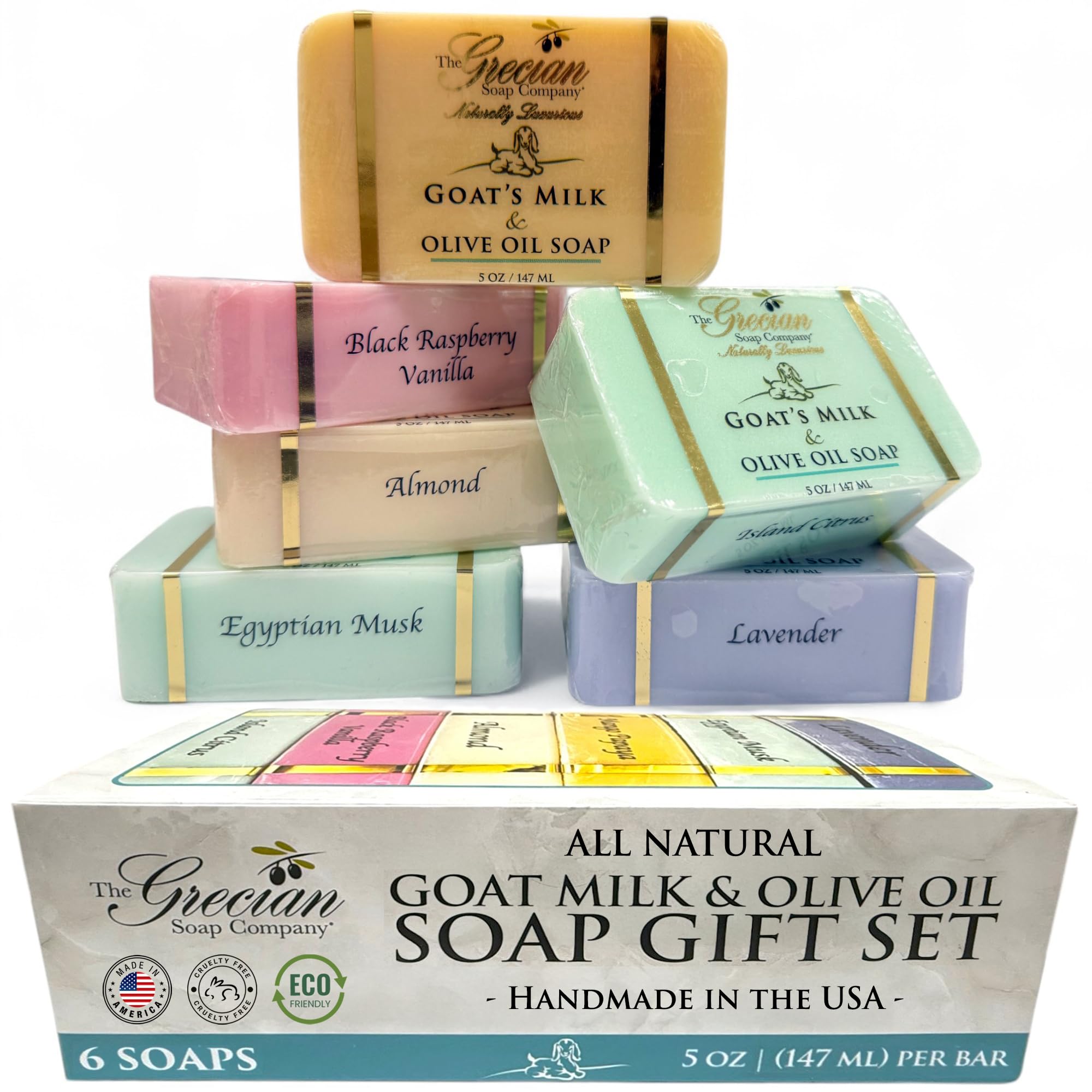 The Grecian Soap Company Goat Milk & Olive Oil Bar Soap – 6-Pack (30 oz) – Non-Toxic, USA Made