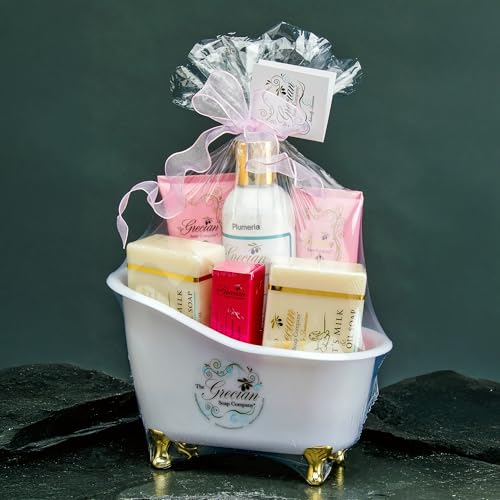 The Grecian Soap Company Deluxe Bathtub Gift Set – Goat Milk & Olive Oil Skincare, Plumeria Scent, Handmade in the USA