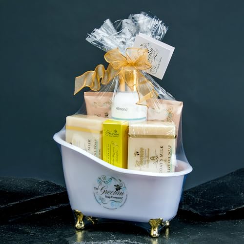 The Grecian Soap Company Deluxe Gift Basket – Goat Milk & Olive Oil Skin Care Set (6pcs) | Almond Scent, Handmade in USA
