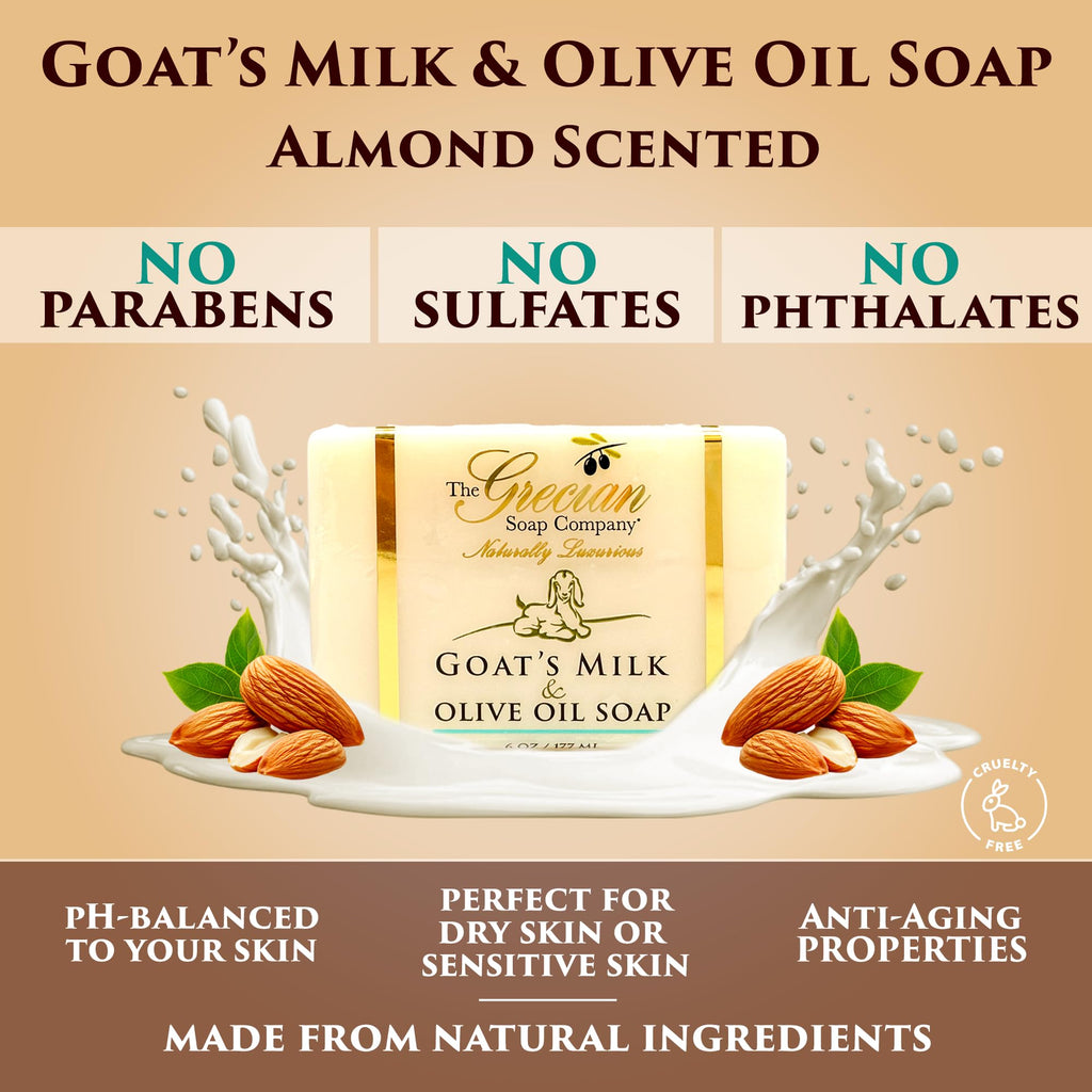 The Grecian Soap Company Deluxe Gift Basket – Goat Milk & Olive Oil Skin Care Set (6pcs) | Almond Scent, Handmade in USA