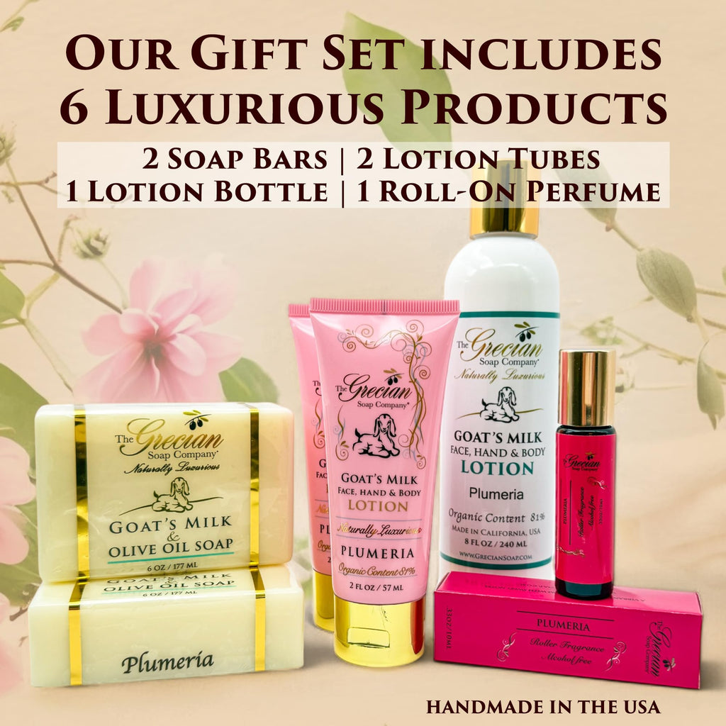 The Grecian Soap Company Deluxe Bathtub Gift Set – Goat Milk & Olive Oil Skincare, Plumeria Scent, Handmade in the USA