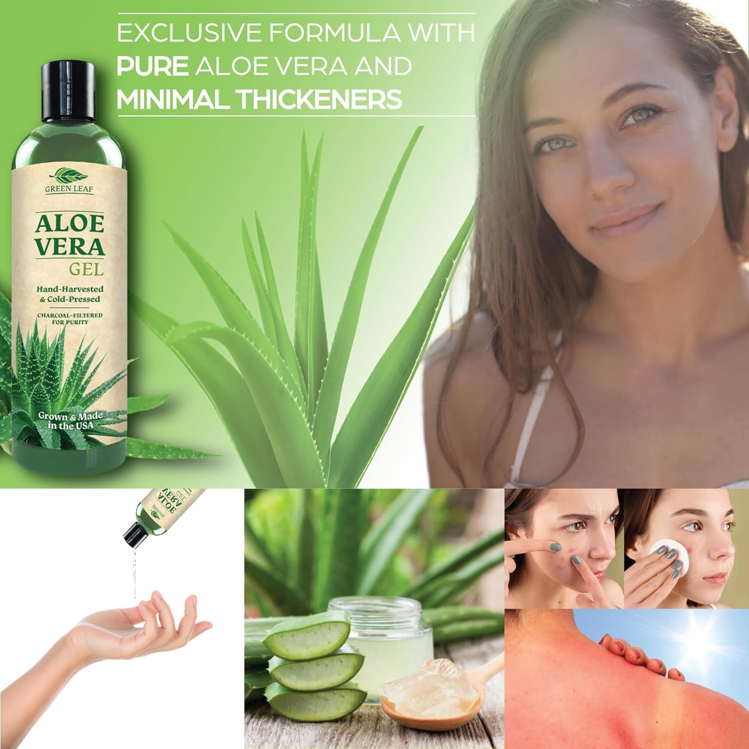 Green Leaf Naturals Amazing Aloe Gel – 16oz (2x8oz), 100% Pure, Unscented, Vegan, USA Made