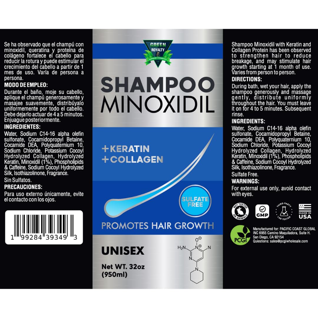 GREEN ROYALTY Minoxidil Shampoo – Sulfate-Free, Keratin & Collagen for Fuller-Looking Hair (32oz)