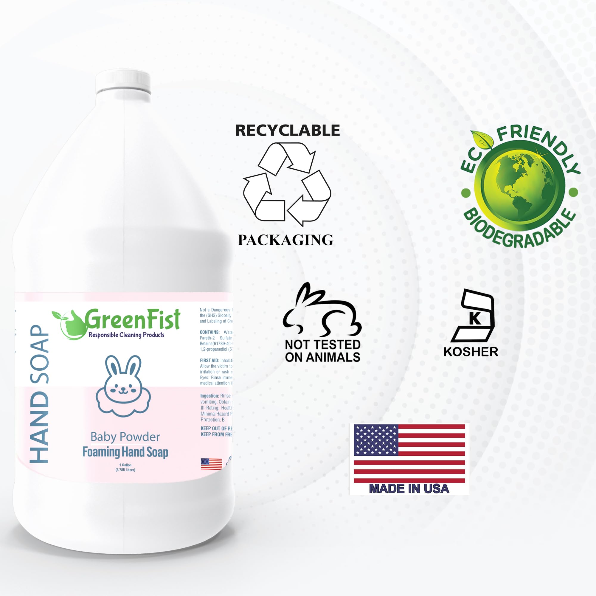 GreenFist Foaming Hand Soap Refills – Baby Powder Scent, 128 oz Jug, Made in USA