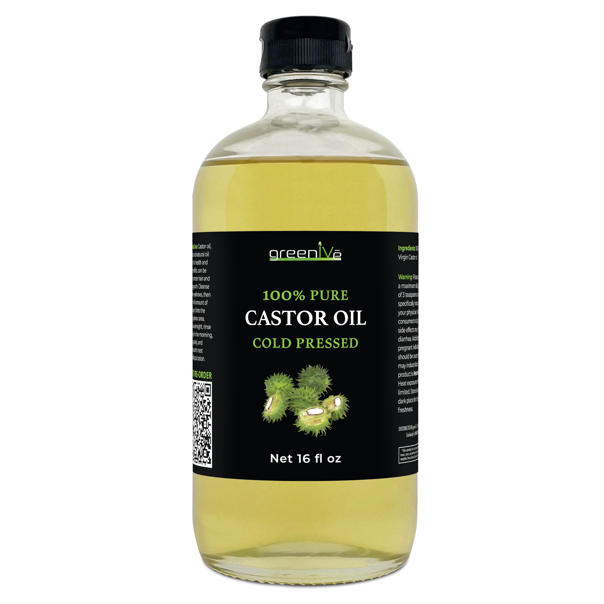 GreenIVe 100% Pure Glass Castor Oil – Cold-Pressed, Hexane-Free (16 oz) – Exclusive on Amazon
