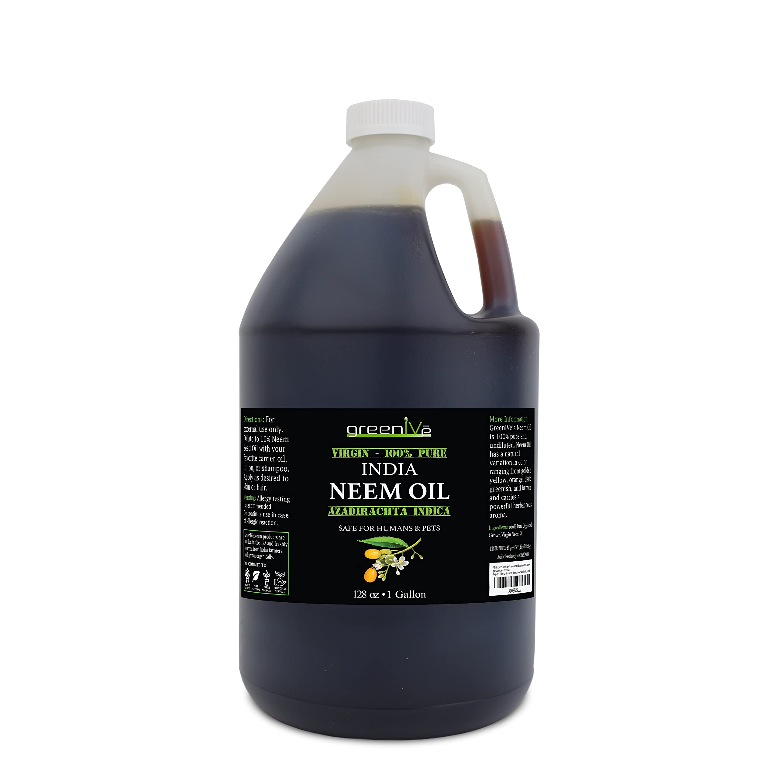 GreenIVe 100% Pure Neem Oil Bulk — Cold-Pressed, Hexane-Free, 1 Gallon (128 fl oz)