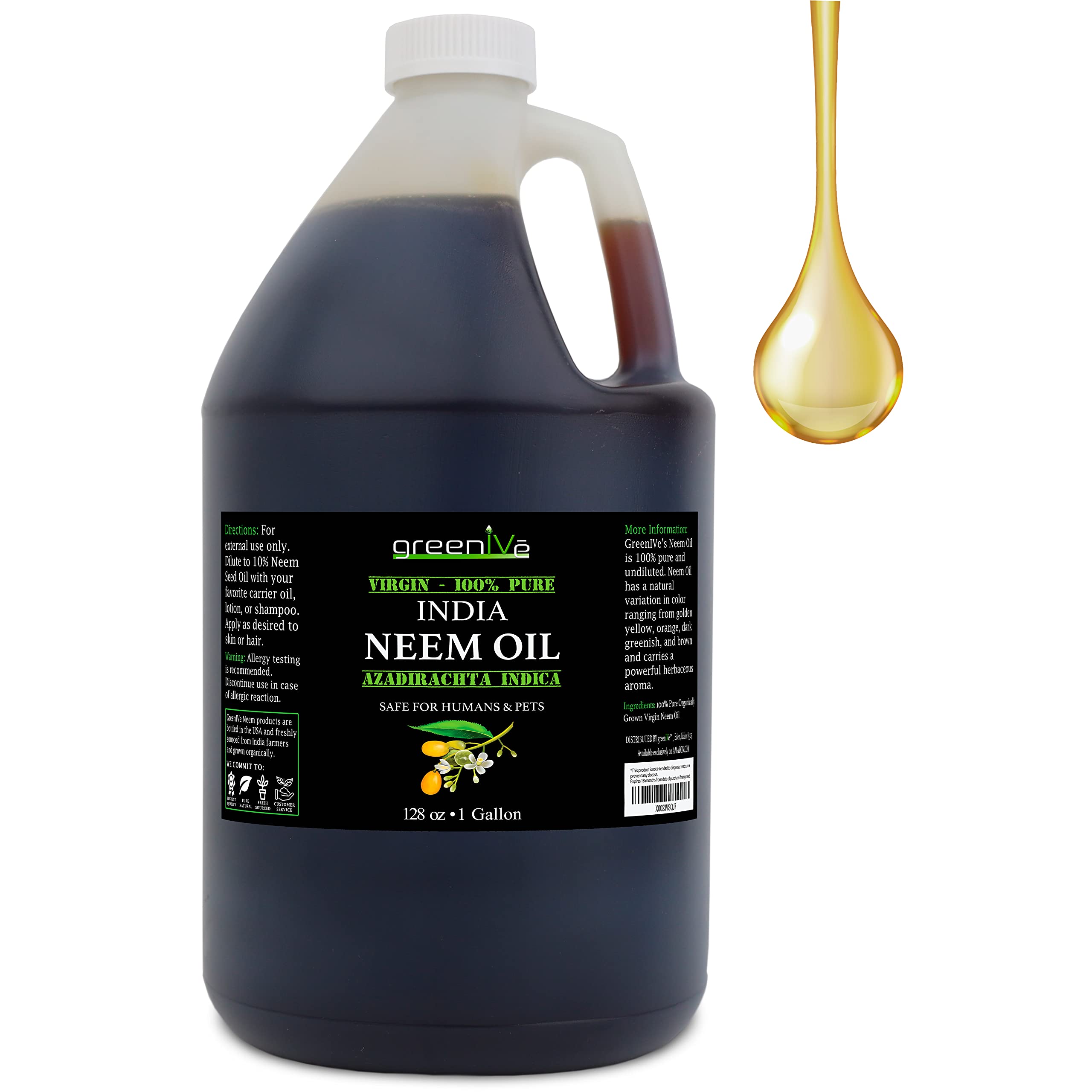 GreenIVe 100% Pure Neem Oil Bulk — Cold-Pressed, Hexane-Free, 1 Gallon (128 fl oz)