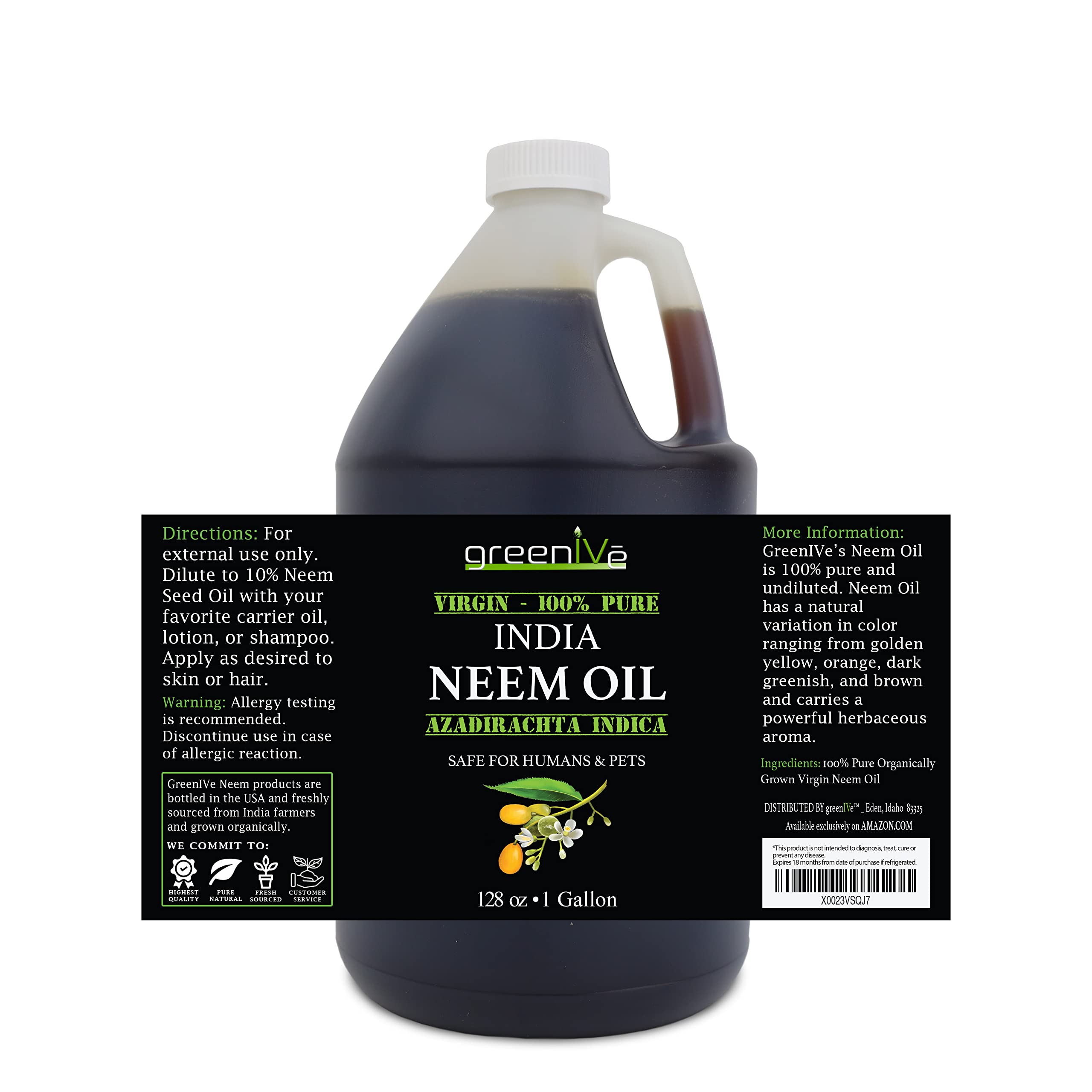 GreenIVe 100% Pure Neem Oil Bulk — Cold-Pressed, Hexane-Free, 1 Gallon (128 fl oz)