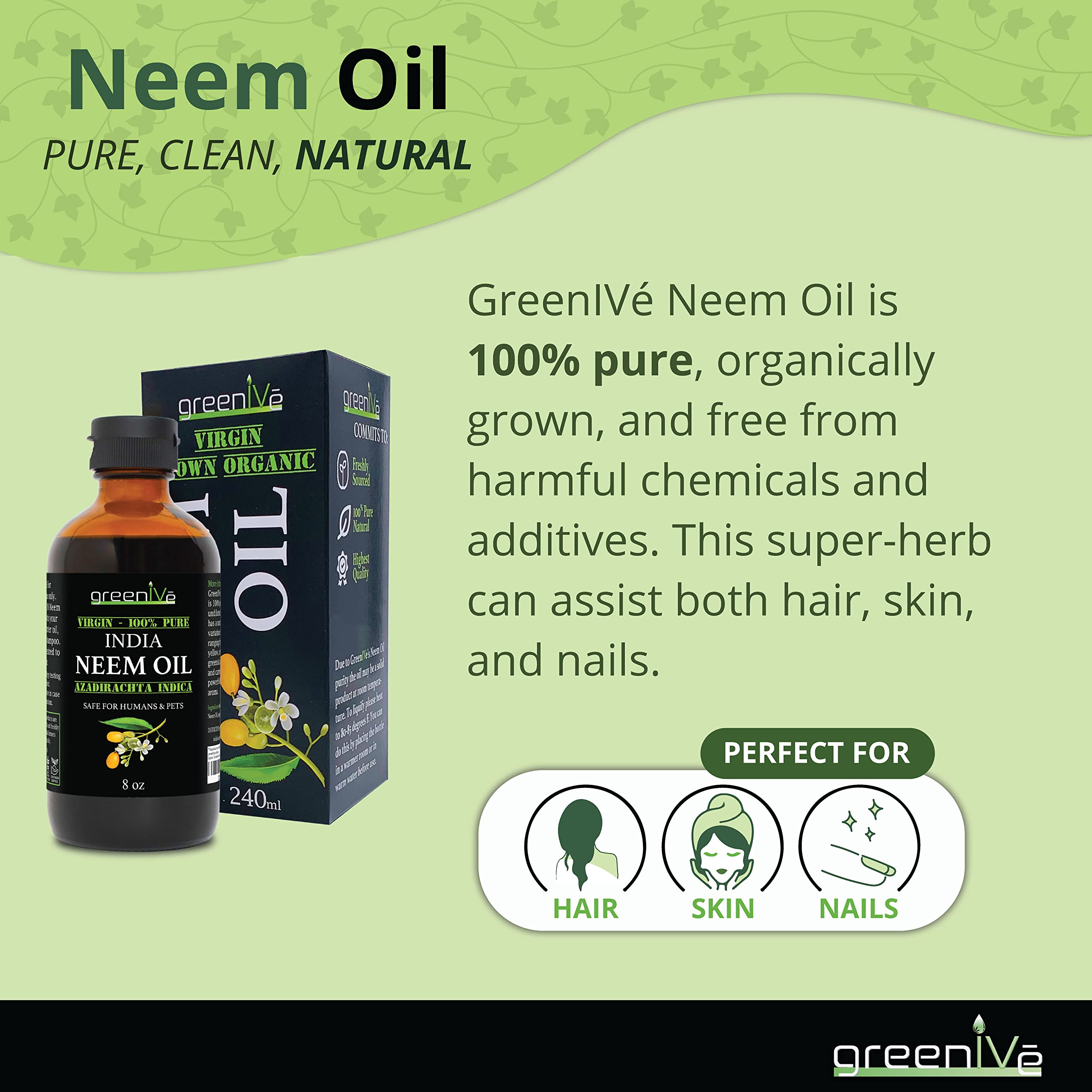 GreenIVe 100% Pure Neem Oil Bulk — Cold-Pressed, Hexane-Free, 1 Gallon (128 fl oz)