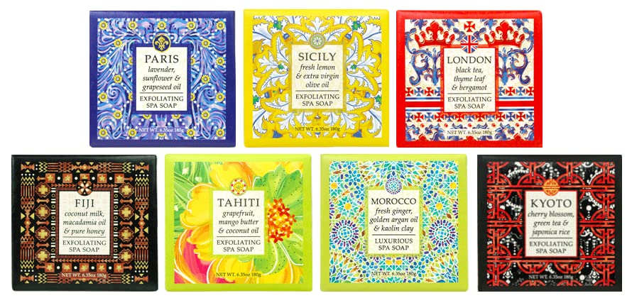 Greenwich Bay Destination Exfoliating Spa Soaps 7 Piece Set of 6.35 oz Bars — Travel to London, Kyoto, Tahiti, Paris, Fiji, Morocco, and Sicily