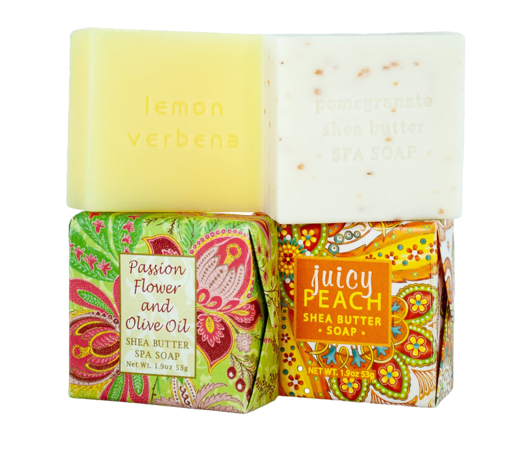 Greenwich Bay Fruity Soap Sampler – 4 Soaps with Shea Butter & Essential Oils (Juicy Peach, Passion Flower, Pomegranate, Lemon Verbena)