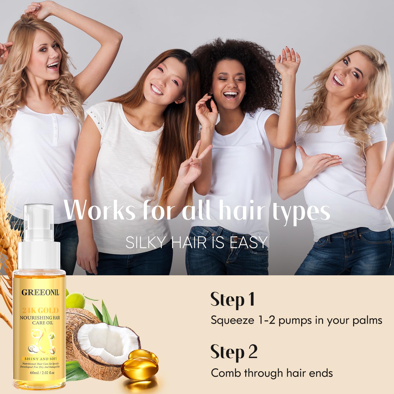 GREEONIL Nourishing Hair Oil with Argan, Coconut & Olive Oils – Frizz Control & Shine (4 Pack)