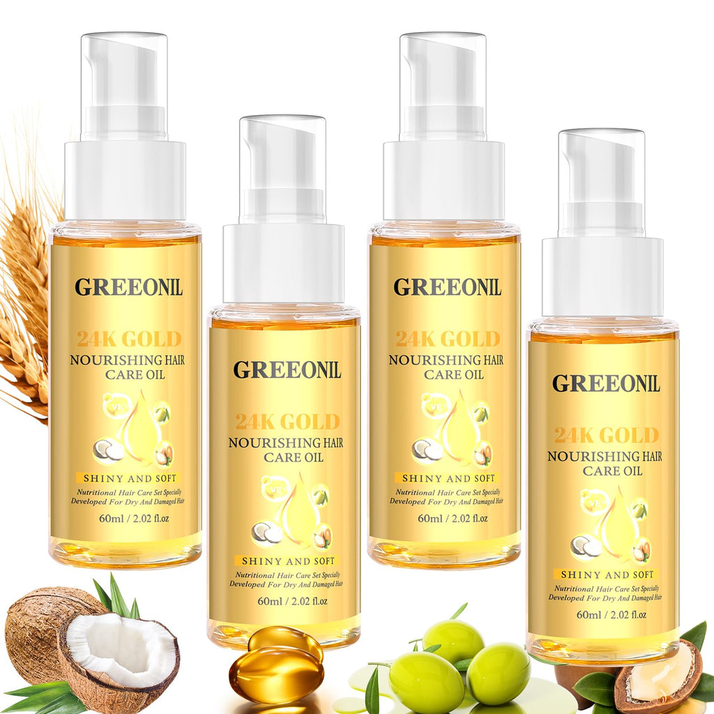 GREEONIL Nourishing Hair Oil with Argan, Coconut & Olive Oils – Frizz Control & Shine (4 Pack)