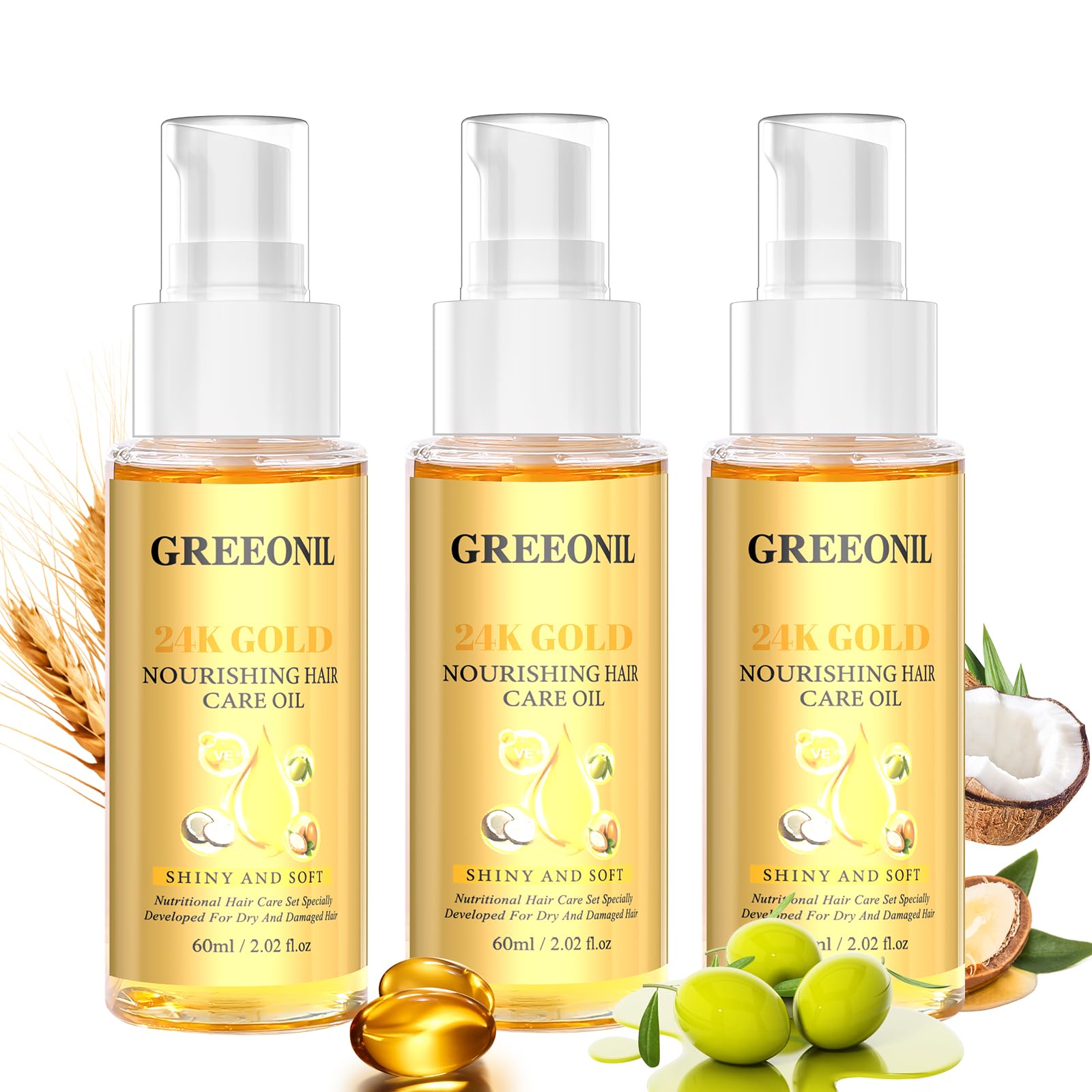 GREEONIL Olive Oil Serum – Frizz Control & Shine, 3-Pack with 24K Gold, Argan, Coconut & Vitamin E