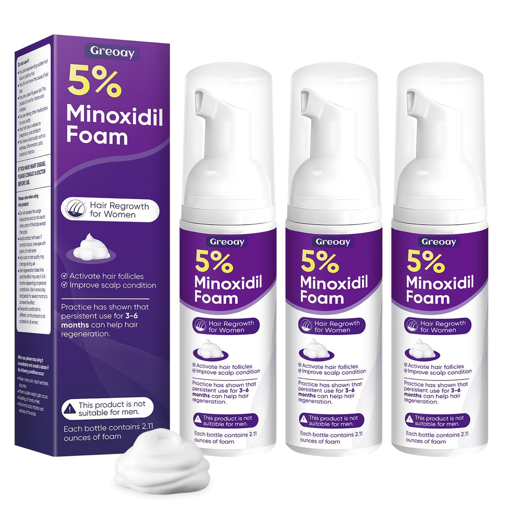 Greoay 5% Minoxidil Foam for Women – Hair Growth for Thinning Hair, Receding Hairline, 3 Bottles (2.11 oz Each)