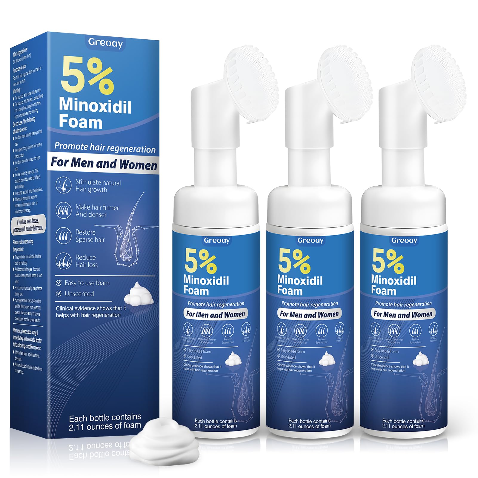 Greoay 5% Minoxidil Hair Growth Foam for Men & Women – Thinning Hair & Receding Hairline
