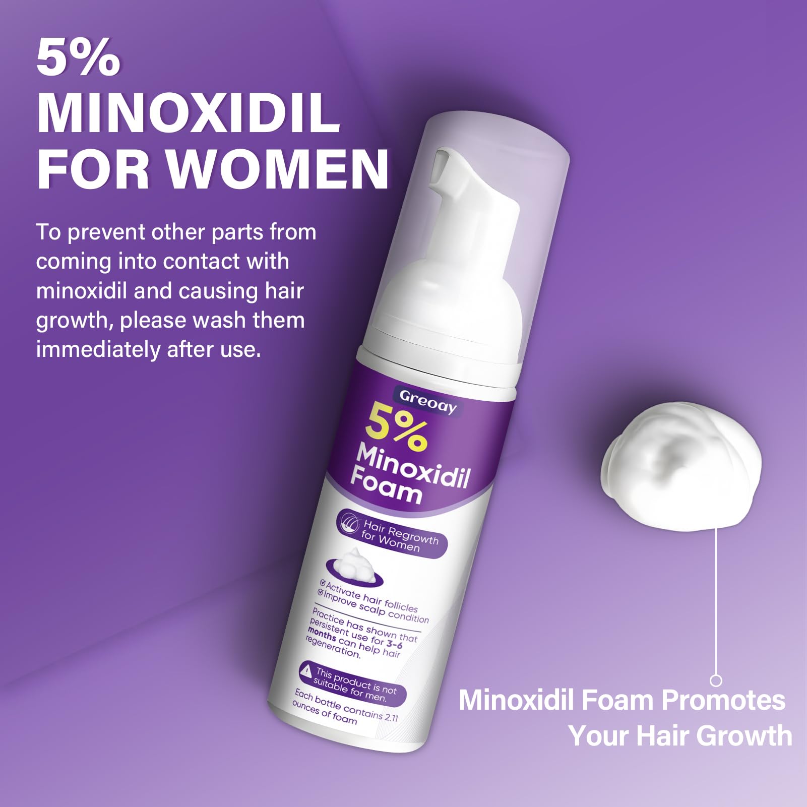 Greoay 5% Minoxidil Foam for Women – Hair Growth for Thinning Hair, Receding Hairline, 3 Bottles (2.11 oz Each)