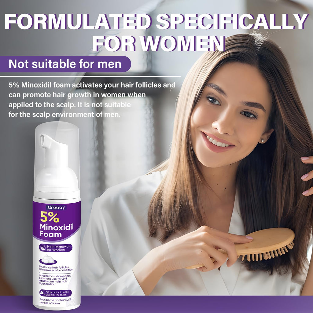 Greoay 5% Minoxidil Foam for Women – Hair Growth for Thinning Hair, Receding Hairline, 3 Bottles (2.11 oz Each)