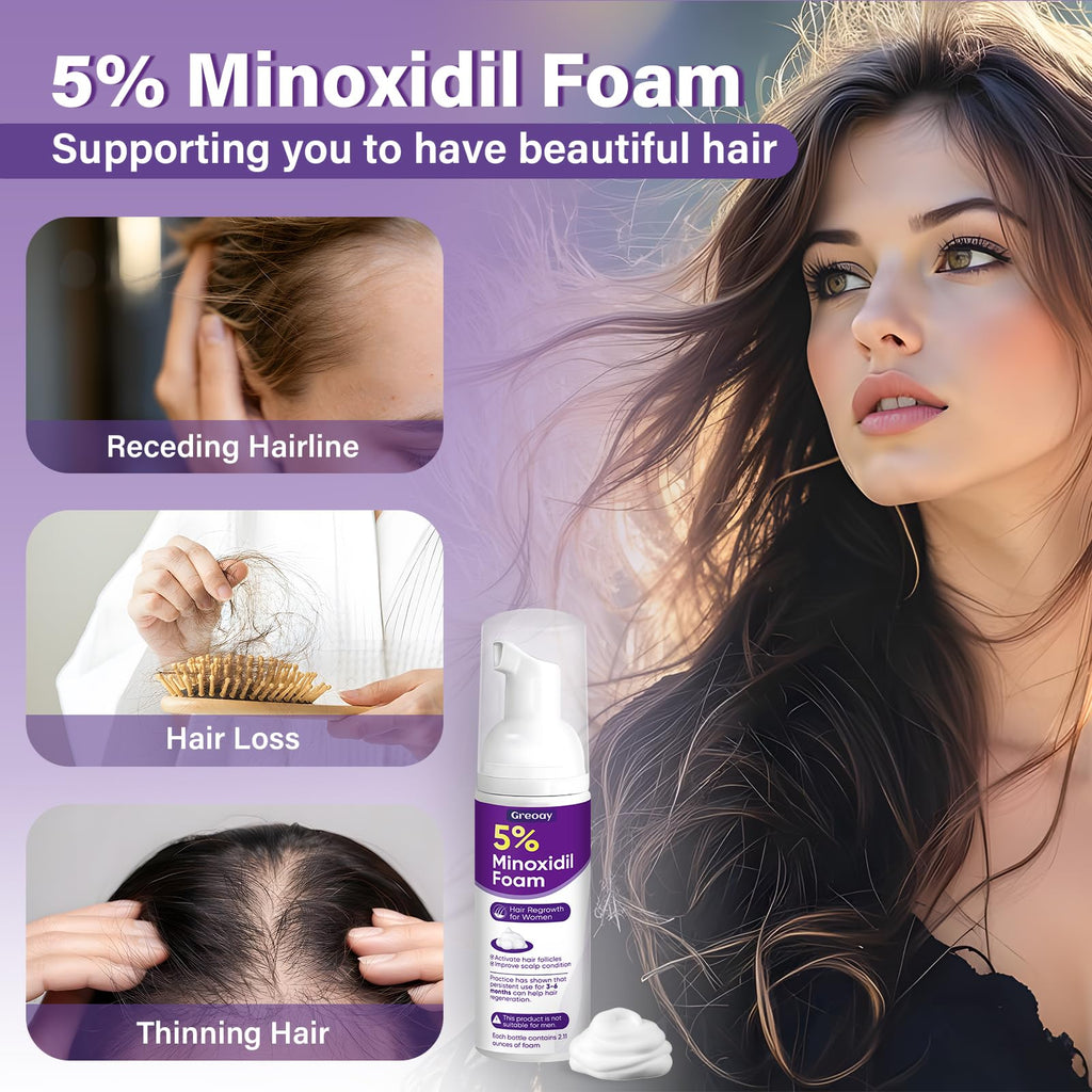 Greoay 5% Minoxidil Foam for Women – Hair Growth for Thinning Hair, Receding Hairline, 3 Bottles (2.11 oz Each)