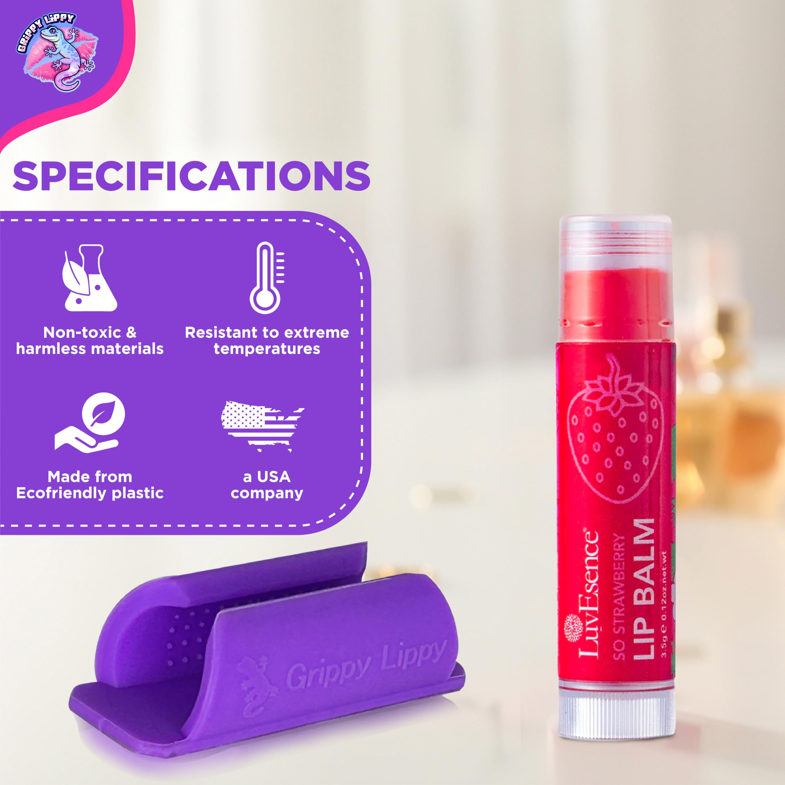 Grippy Lippy Durable Lip Balm Holder – 2 Pack (Pink & Purple) | Lip Gloss, Balm & Oil Organizer for Car, Home, Travel