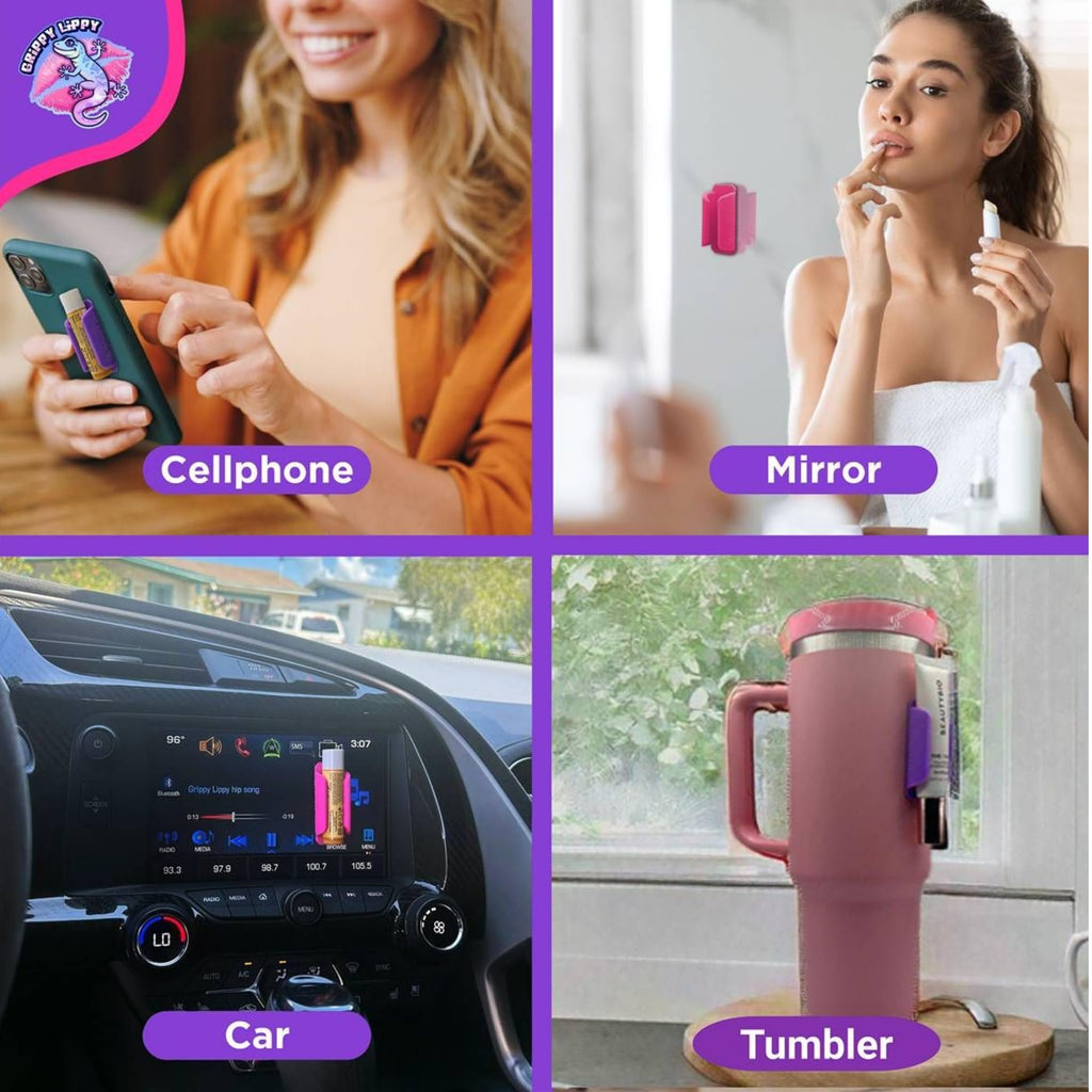 Grippy Lippy Durable Lip Balm Holder – 2 Pack (Pink & Purple) | Lip Gloss, Balm & Oil Organizer for Car, Home, Travel