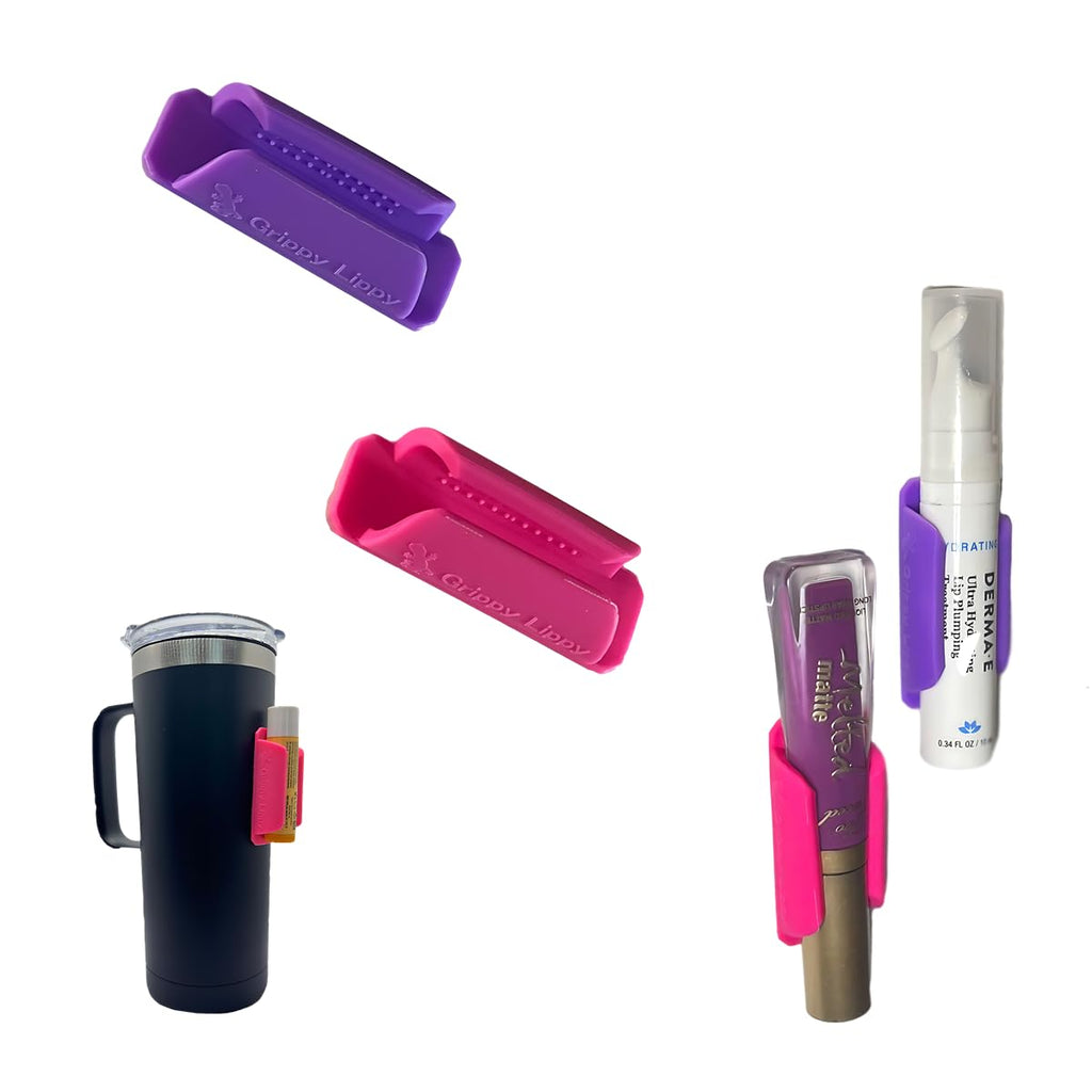 Grippy Lippy Durable Lip Balm Holder – 2 Pack (Pink & Purple) | Lip Gloss, Balm & Oil Organizer for Car, Home, Travel