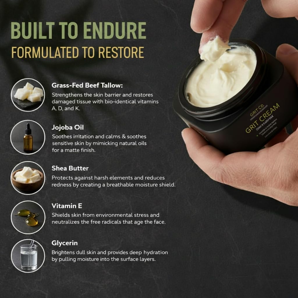 GRIT CO. GRIT CREAM™ Grass Fed Beef Tallow Face Moisturizer for Men [TALLOW-BASED] – Fragrance Free, Non-Greasy, 3.4 oz