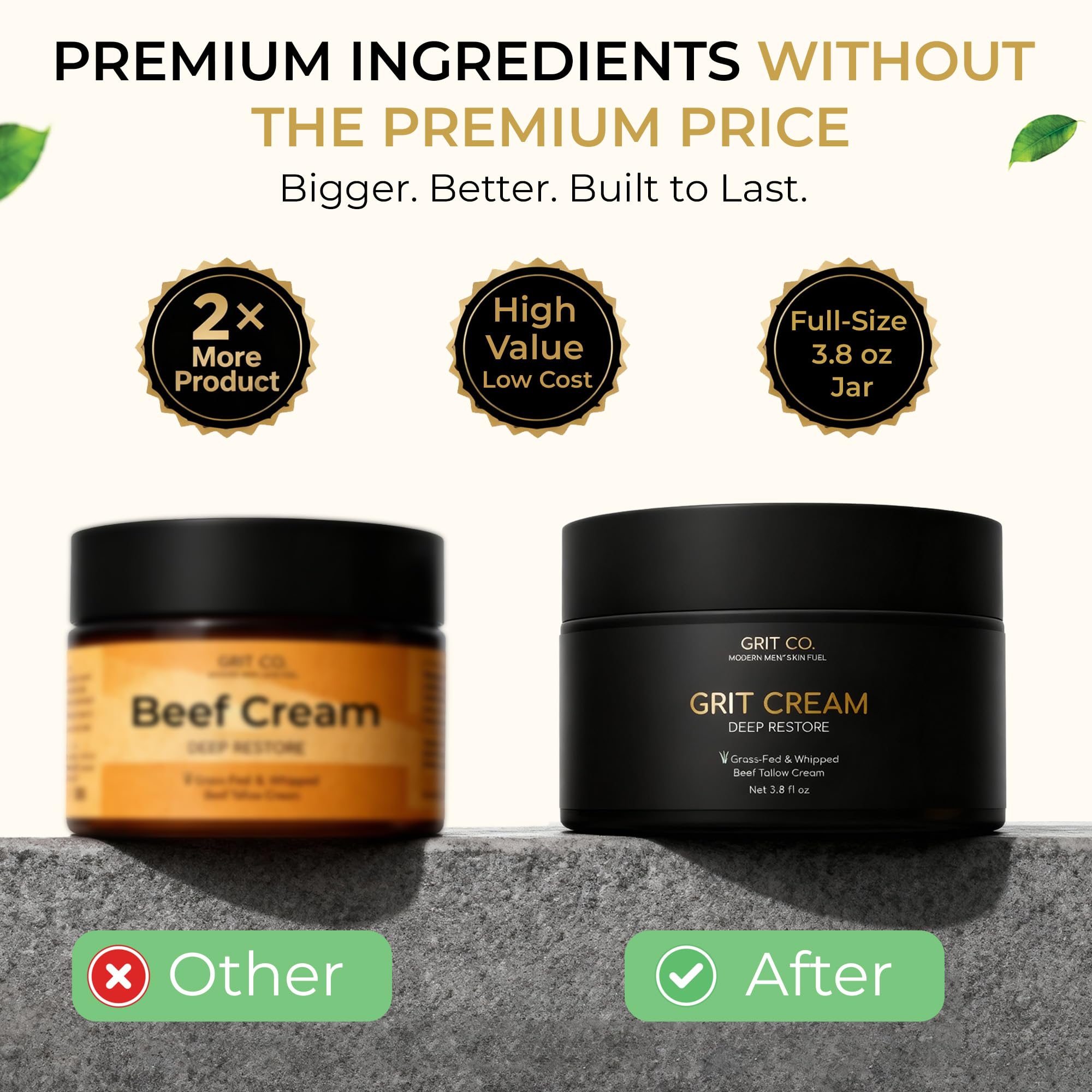 GRIT CO. GRIT CREAM™ Grass Fed Beef Tallow Face Moisturizer for Men [TALLOW-BASED] – Fragrance Free, Non-Greasy, 3.4 oz