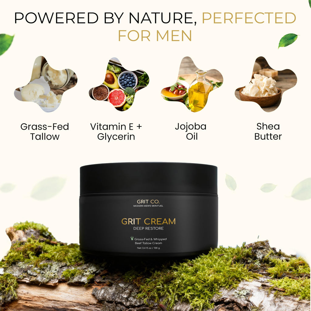 GRIT CO. GRIT CREAM™ Grass Fed Beef Tallow Face Moisturizer for Men [TALLOW-BASED] – Fragrance Free, Non-Greasy, 3.4 oz