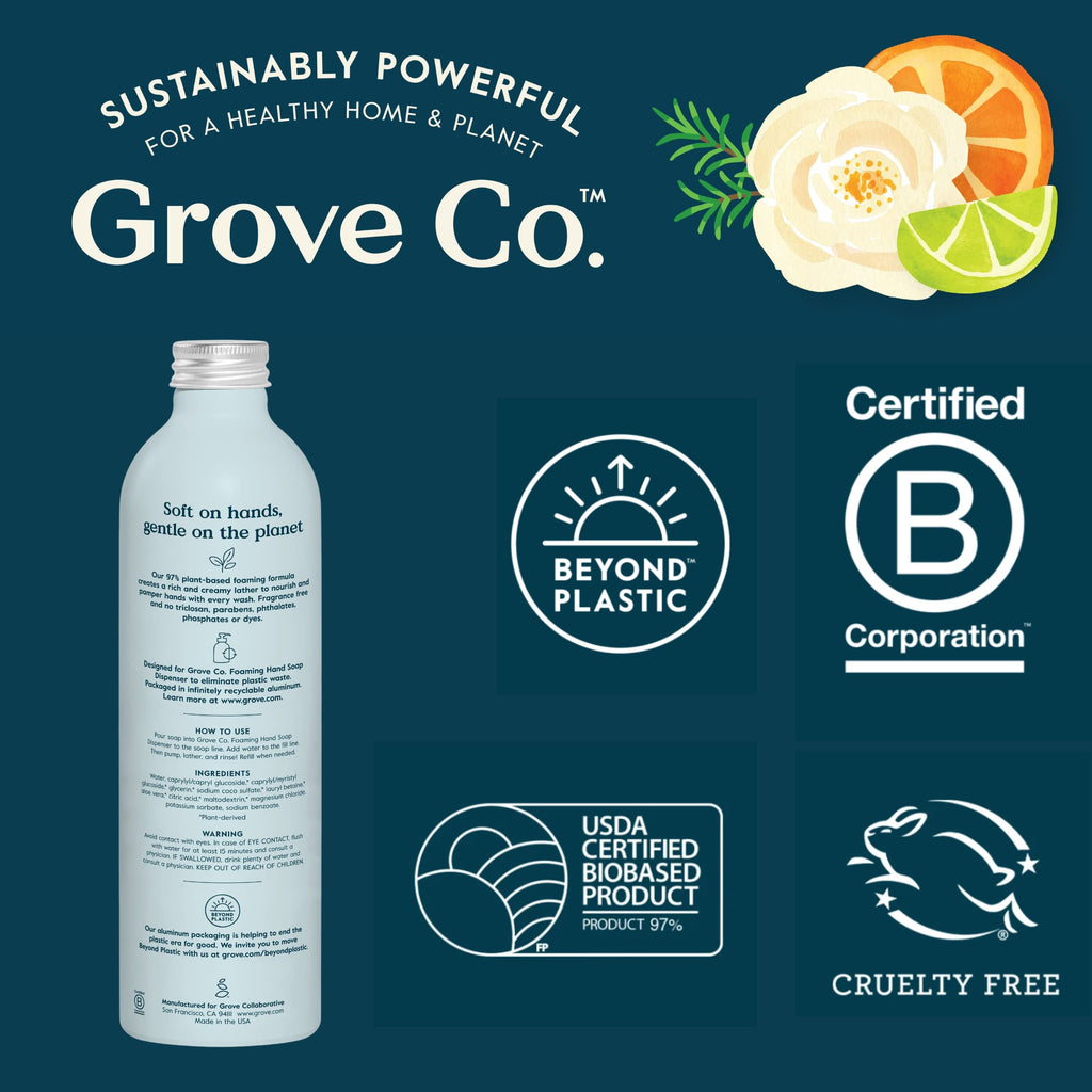 Grove Co. Foaming Hand Soap Concentrate Starter Kit — Reusable Glass Dispenser & Plastic-Free Refills