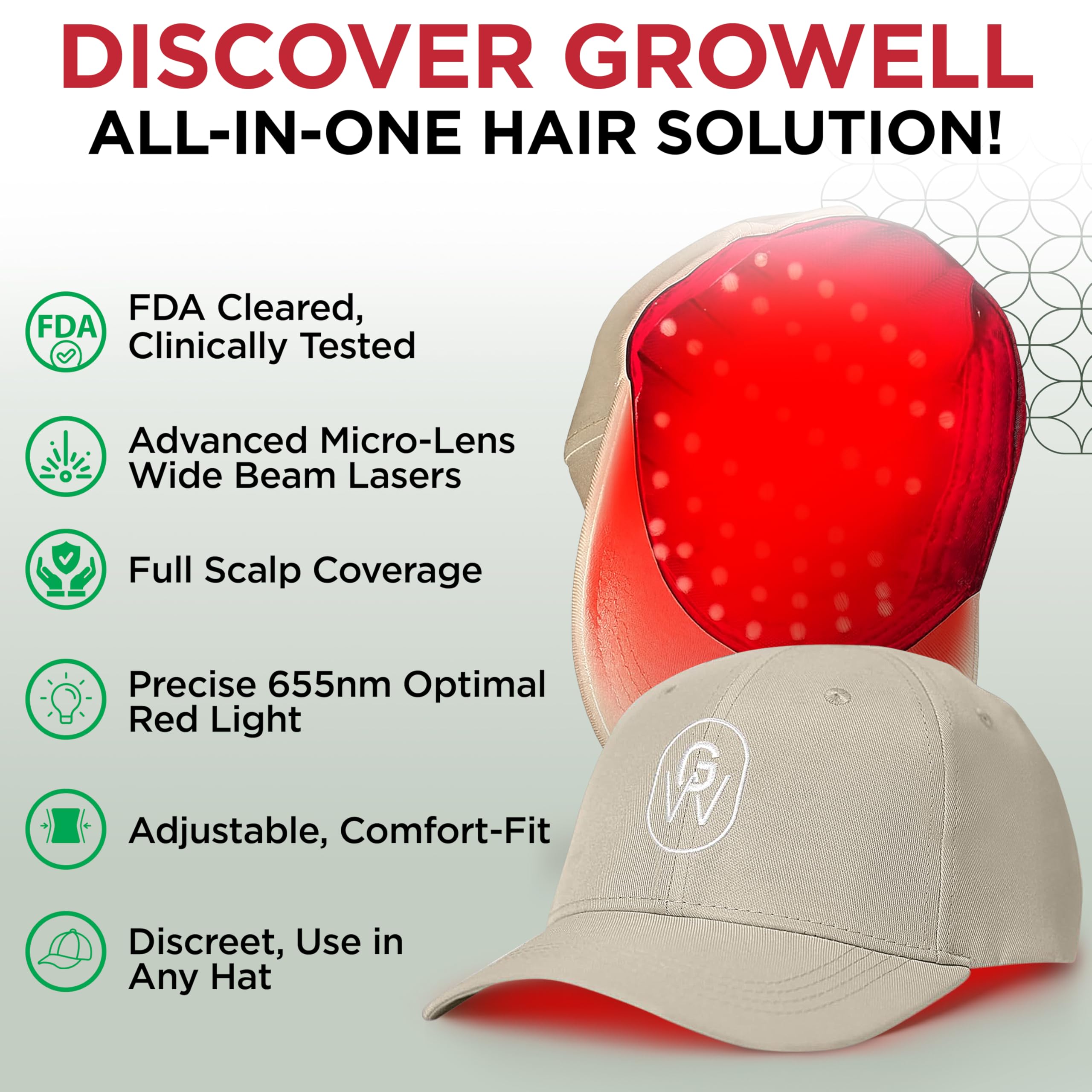 GroWell Red Light Therapy Hair Growth Cap – FDA-Cleared Laser & LED Hair Regrowth (Beige)