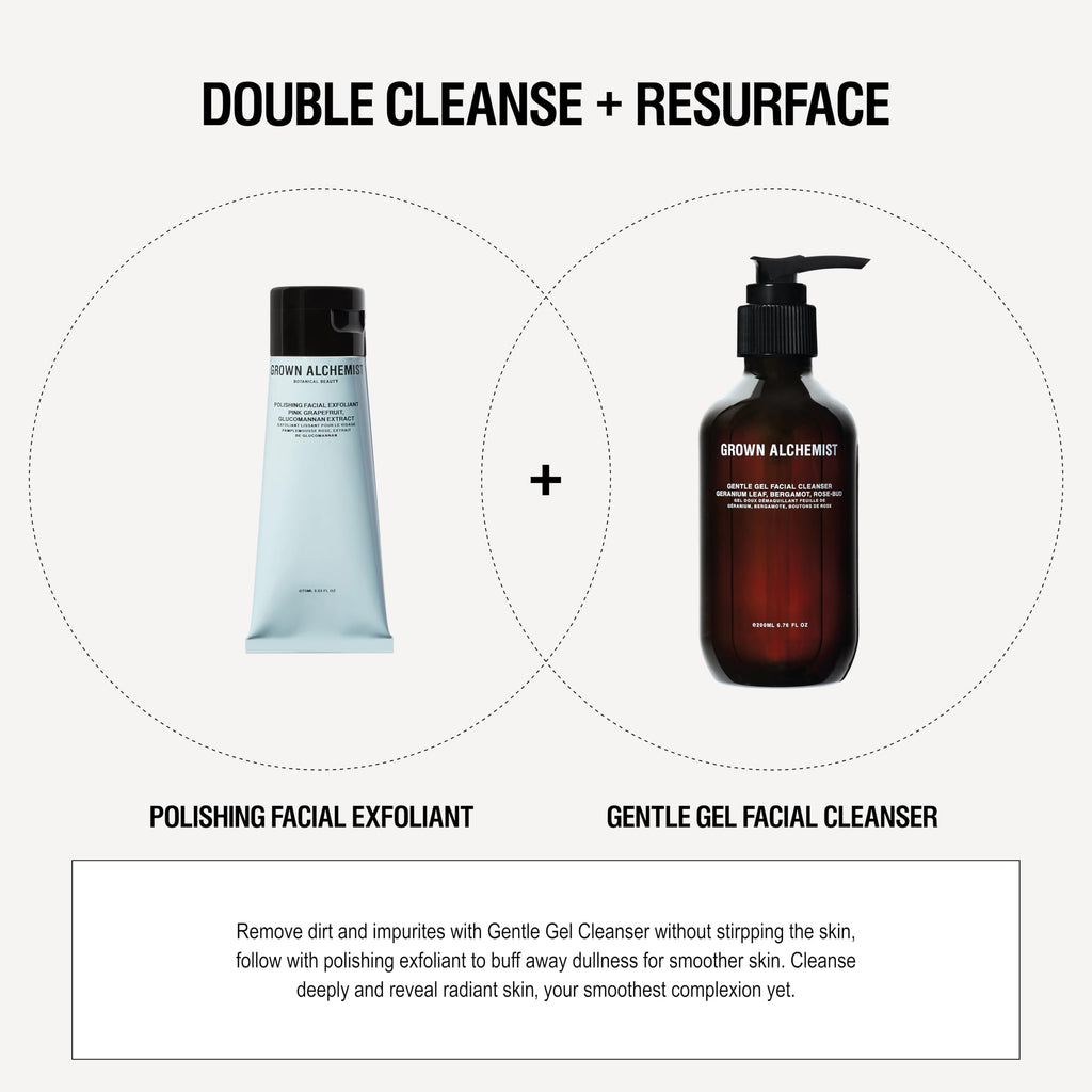 Grown Alchemist Facial Cleanser Set – Polishing Exfoliator 75ml + Gentle Gel Cleanser 200ml
